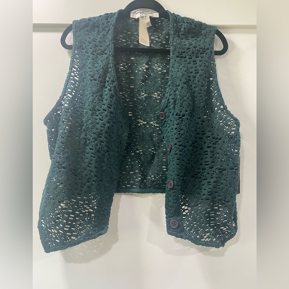 Vintage Kaufmann’s vest by Tapemeasure. Teal / forest green Crochet lacey sz L - Picture 2 of 9